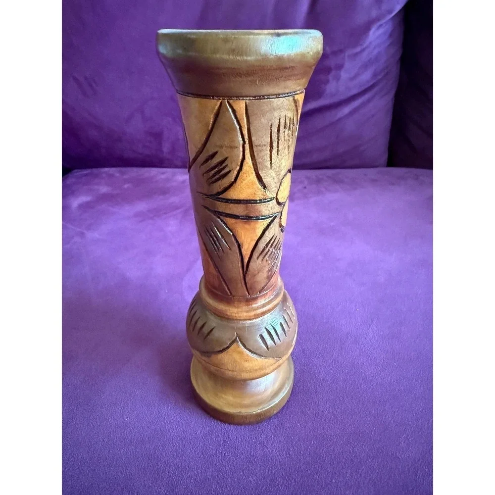 Hand Carved Vtg Wood Vase Flower Tiki Bar MCM Standing 8.25